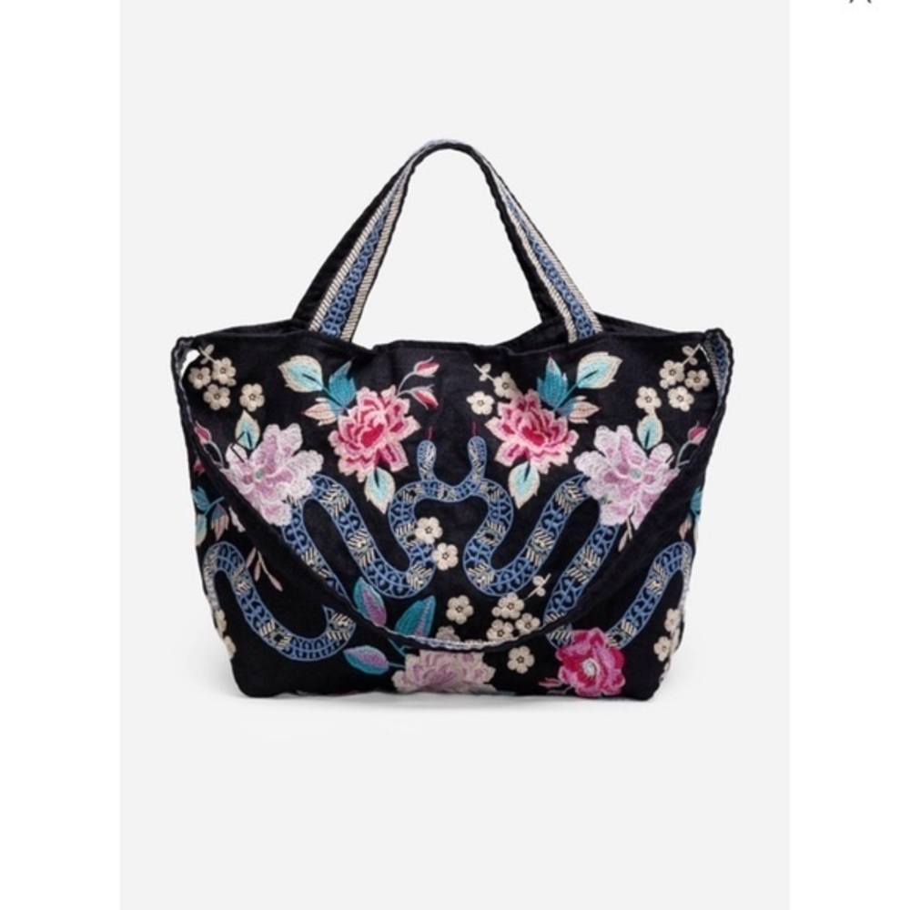 Johnny Was Black EDIE LINEN TOTE BAG NWT  Floral Embroidered Black Tote Bag